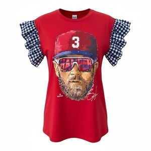 Bryce Harper Phillies MLB Tee with Blue and White Gingham Plaid Ruffle Sleeves